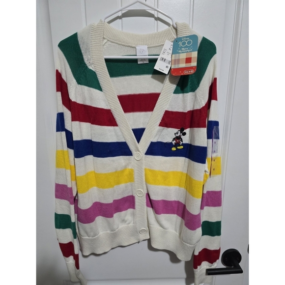 Disney Sweaters - Disney 100 Years Womens MICKEY striped Sweater Cardigan XL New NWT Button Up
